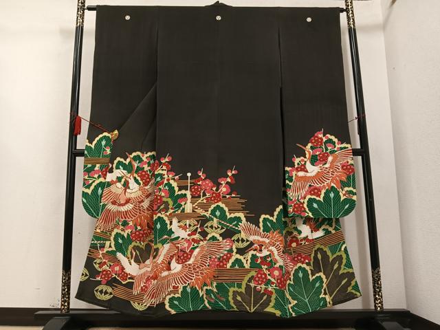 平和屋着物●アンティーク　大正ロマン　振袖　松竹梅群れ鶴文　黒地　金彩　正絹　逸品　AABC6839ph