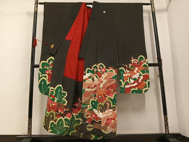 平和屋着物○アンティーク 大正ロマン 振袖 松竹梅群れ鶴文 黒地 金彩