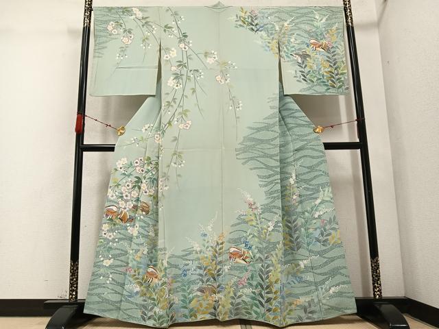 平和屋着物●訪問着　友禅　作家物　秀水　鴛鴦草花文　暈し染め　正絹　逸品　AABC8006ph