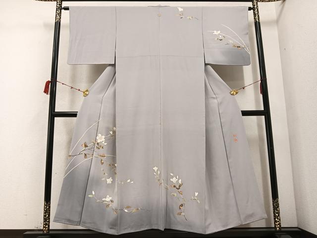 平和屋着物●京加賀友禅　百貫達雄　訪問着　枝花文　暈し染め　正絹　逸品　AABC8019ph