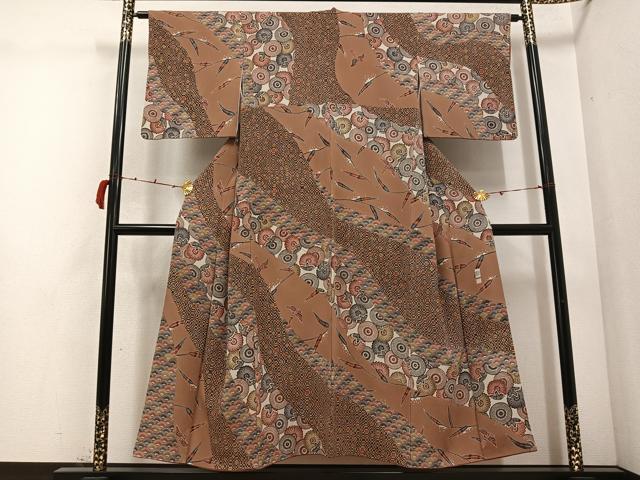 平和屋着物●江戸紅型　五味桂子　訪問着　花鳥文　鬼しぼ縮緬　正絹　逸品　AABC8031ph