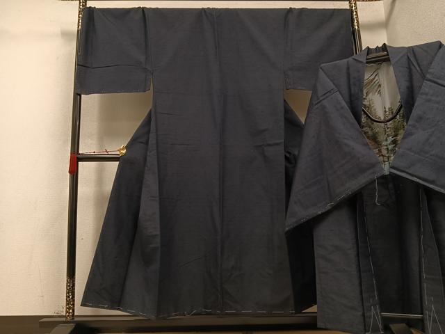 平和屋着物●男性　紬　アンサンブル　色無地　藍鉄色　正絹　逸品　未使用　AABC8062ph