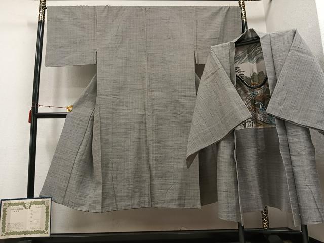 平和屋着物●男性　結城紬　アンサンブル　手織り　色無地　利休白茶色　保証書付き　正絹　逸品　AABC8068ph