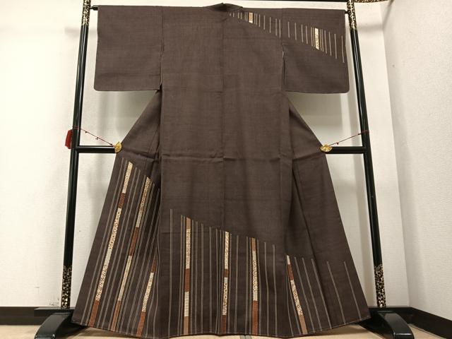 平和屋着物●訪問着　紬地　駒刺繍　花間道　金彩　正絹　逸品　未使用　AABC8069ph