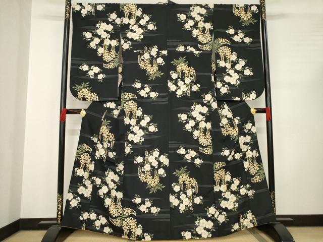 平和屋着物●小紋　藤花房　舞花文　黒地　洗える着物　AABC8084ck