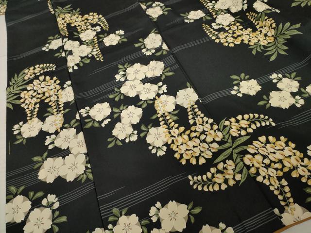 平和屋着物●小紋　藤花房　舞花文　黒地　洗える着物　AABC8084ck 平和屋着物○小紋 藤花房 舞花文 黒地 洗える着物 AABC8084ck