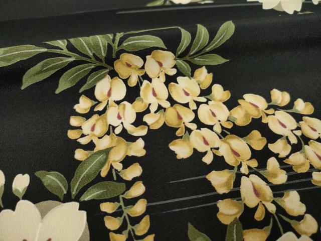 平和屋着物○小紋 藤花房 舞花文 黒地 洗える着物 AABC8084ck