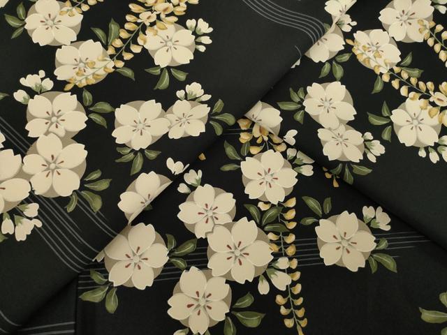 平和屋着物○小紋 藤花房 舞花文 黒地 洗える着物 AABC8084ck