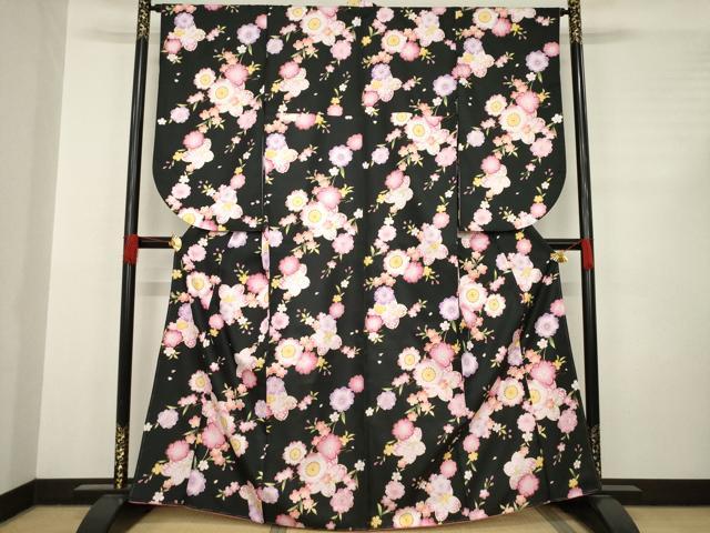 平和屋着物●小振袖　二尺袖　舞桜文　黒地　化繊　AABC8085ck