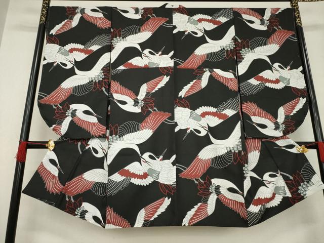 平和屋着物●小振袖　二尺袖　飛鶴文　黒地　洗える着物　AABC8086ck