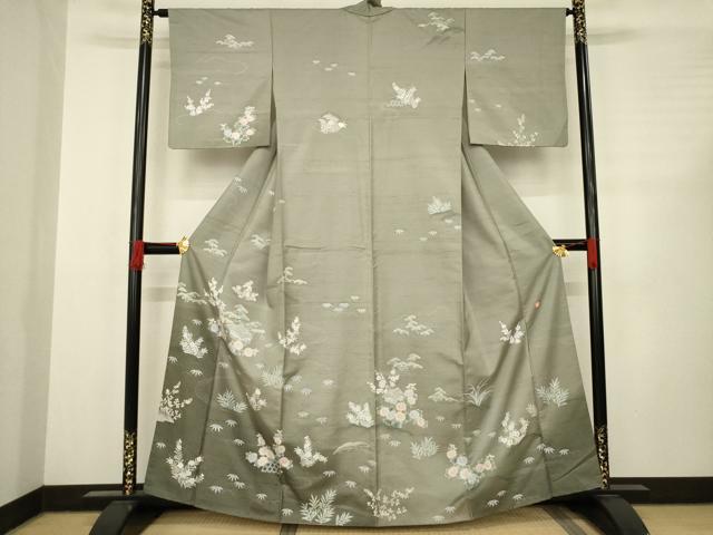 平和屋着物●訪問着　友禅　作家物　紬地　風景花文　正絹　逸品　AABC8114ck