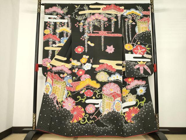 平和屋着物●紅型　振袖　御所車吉祥文　黒地　正絹　逸品　AABC8120ck