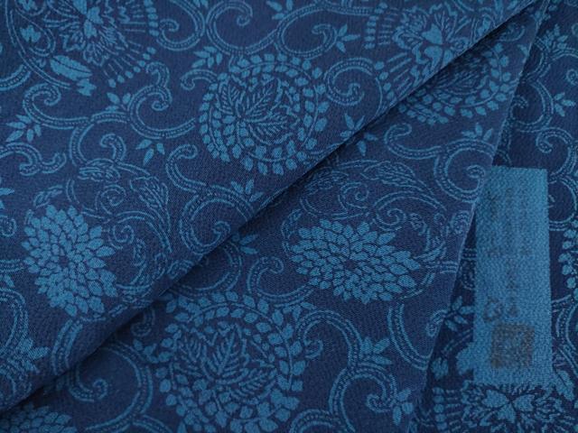 平和屋着物●阿波藍伝統工芸　金子正　小紋　型染め　藍　花唐草文　鬼しぼ縮緬　正絹　逸品　AABC8121ck