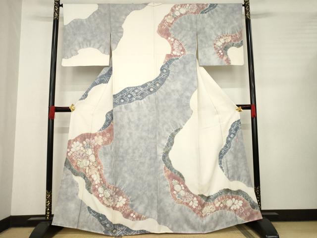 平和屋着物●十日町　名門　滝泰謹製　訪問着　辻が花　絞り　道長花文　金銀彩　銀通し地　正絹　逸品　AABC8138ck