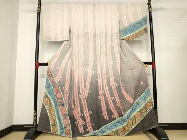 平和屋着物●伝統工芸士　水野保　保辻が花染　訪問着　辻が花　花蝶文　暈し染め　金通し地　正絹　逸品　AABC8159ck