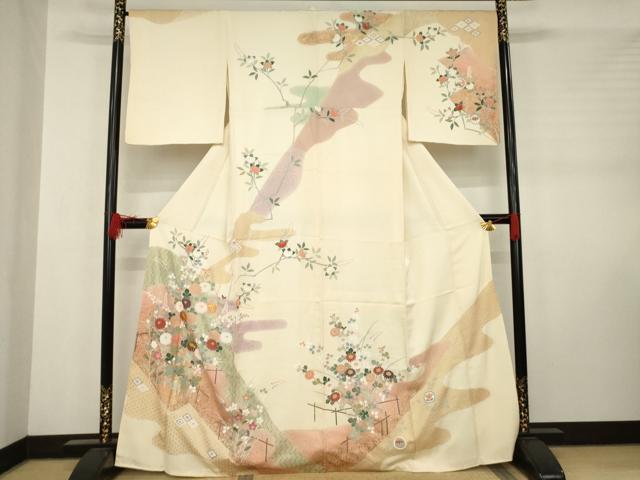 平和屋着物●訪問着　駒刺繍　草花文　金彩　正絹　逸品　AABC8641ck