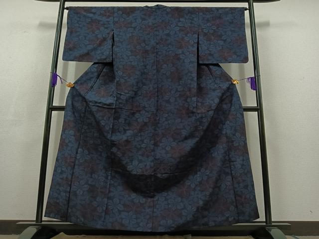 平和屋着物▽上質な紬 単衣 草葉文 正絹 逸品 AABC8685jh