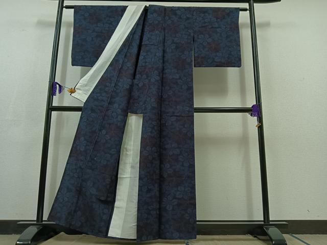 平和屋着物▽上質な紬 単衣 草葉文 正絹 逸品 AABC8685jh