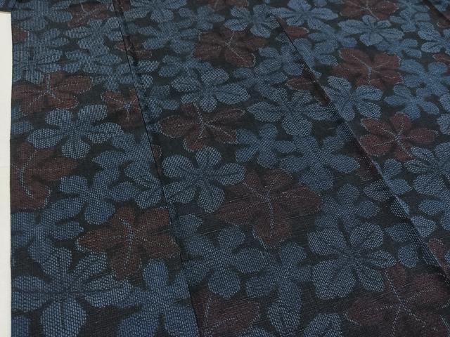 平和屋着物▽上質な紬 単衣 草葉文 正絹 逸品 AABC8685jh