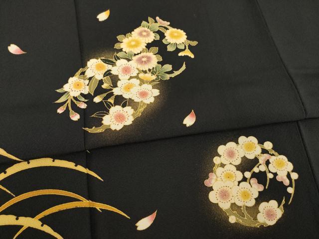 平和屋着物●訪問着　雪芝花丸文　黒地　金彩　やまと誂製　正絹　逸品　AABC9242ck 平和屋着物○訪問着 雪芝花丸文 黒地 金彩 やまと誂製 正絹