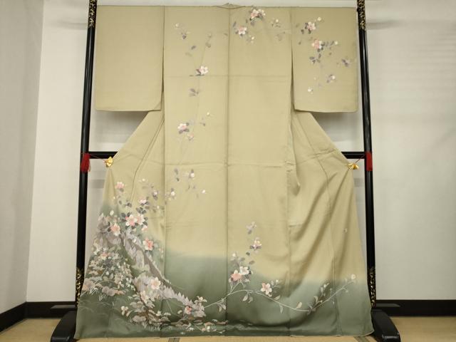 平和屋着物●高級染元　粋峰　林芳夫　京加賀友禅　訪問着　枝花文　暈し染め　ロング丈　正絹　逸品　AABC9253ck