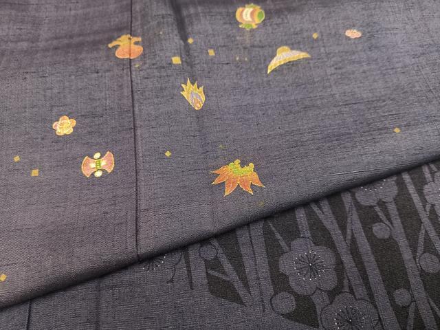 平和屋着物○訪問着 紬地 枝梅宝尽くし 金彩 正絹 逸品 AABC9286ph