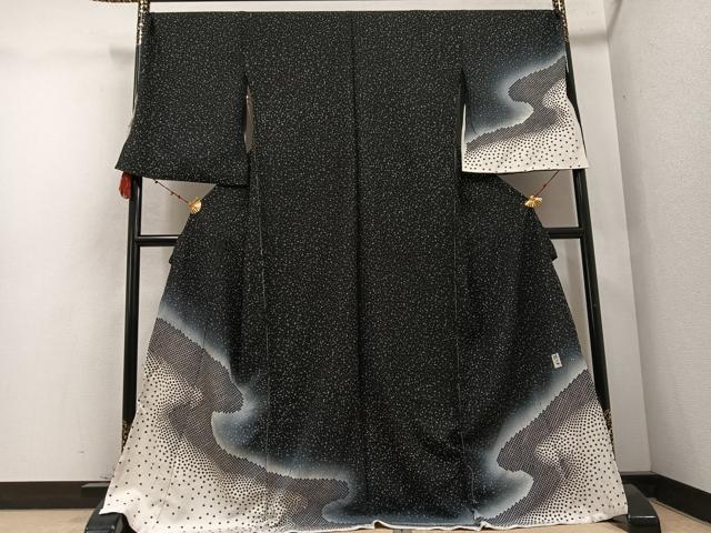平和屋着物●訪問着　作家物　流水文　暈し染め　黒地　金彩　上代38万　仮絵羽　正絹　逸品　未使用　AABC9310ph