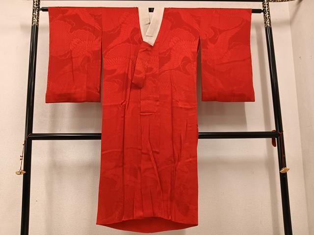 平和屋着物●アンティーク　大正ロマン　長襦袢　袷　群れ鶴地紋　色無地　緋色　正絹　逸品　AABC9337ph