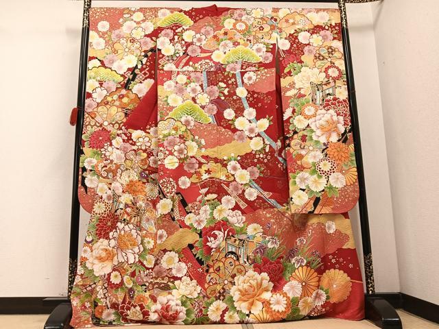 平和屋着物●豪華振袖　御所車花文　金彩　ロング丈　正絹　逸品　AABC9343ph