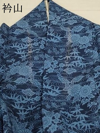 平和屋着物＊夏物　小紋　絽　藍　型染め　流水草花文　正絹　逸品　AABC9402jd_7