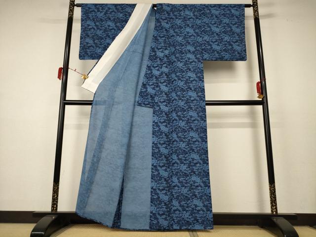 平和屋着物＊夏物　小紋　絽　藍　型染め　流水草花文　正絹　逸品　AABC9402jd_2