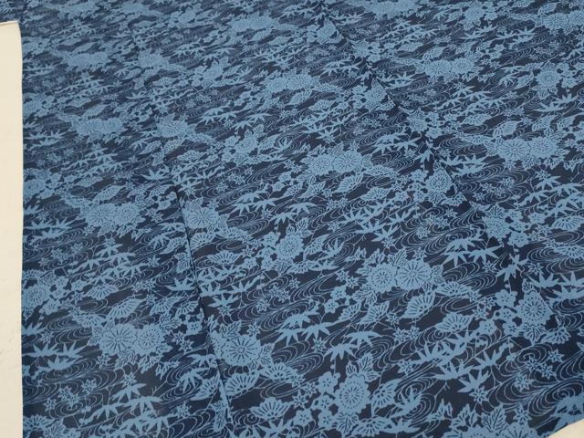 平和屋着物＊夏物　小紋　絽　藍　型染め　流水草花文　正絹　逸品　AABC9402jd_3
