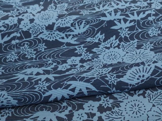 平和屋着物＊夏物　小紋　絽　藍　型染め　流水草花文　正絹　逸品　AABC9402jd_4