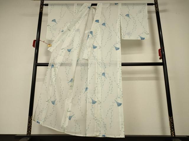 平和屋着物＊夏物　小紋　絽　扇子花文　洗える着物　AABC9405jd_2
