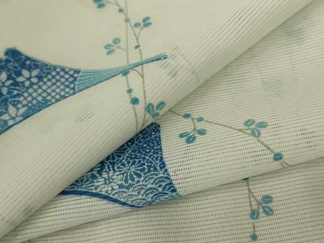 平和屋着物＊夏物　小紋　絽　扇子花文　洗える着物　AABC9405jd