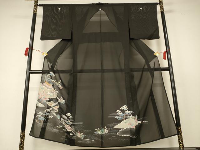 平和屋着物＊夏物　黒留袖　絽　風景文　正絹　逸品　AABC9409jd