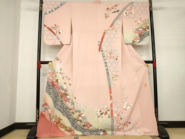 平和屋着物●訪問着　吉祥花文　円舞紬　金彩　ロング丈　正絹　逸品　AABC9454ck