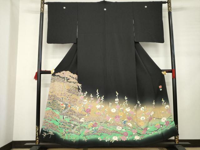 平和屋着物●京加賀友禅　百貫石峰　黒留袖　花鳥松文　三越扱い　正絹　逸品　AABC9469ck