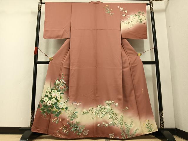 平和屋着物●訪問着　作家物　立葵　地紙枝花文　暈し染め　金彩　さが美扱い　正絹　逸品　未使用　AABC9649ph