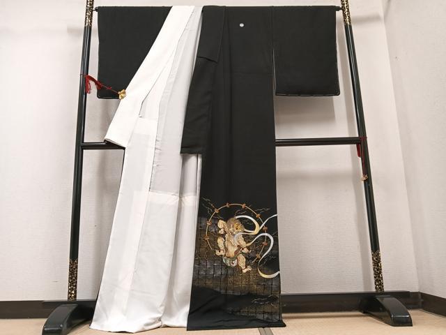 平和屋着物○玉虫金彩 加藤信和 黒留袖 刺繍 風神雷神 金銀彩 ロング