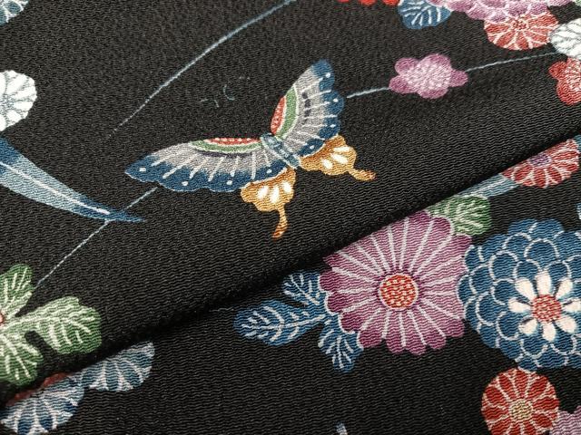 平和屋着物○上質な小紋 型染め 花蝶文 鬼しぼ縮緬 正絹