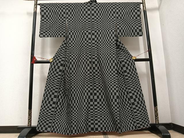 平和屋着物●上質な紬　市松文様　正絹　逸品　AABC9840ph