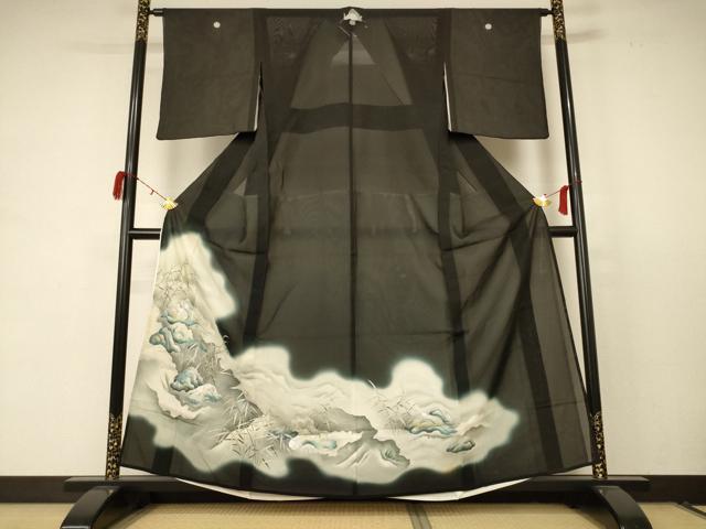 平和屋着物＊夏物　黒留袖　絽　風景文　銀彩　正絹　逸品　AABC9871jd