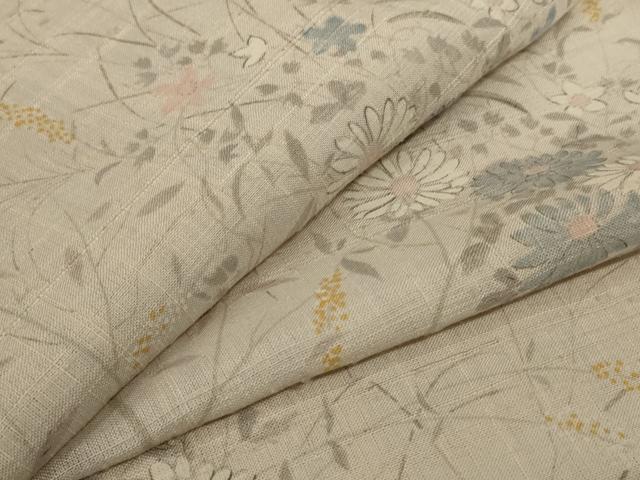 平和屋着物＊夏物　生紬　手描き　草花文　正絹　逸品　AABC9879jd