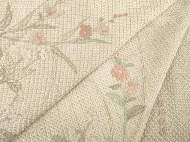 平和屋着物●訪問着　総絞り　蘇州刺繍　草花文　正絹　逸品　AABC9975ck