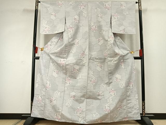 平和屋着物▽上質な紬 　単衣　 亀甲花文　正絹　逸品　未使用　AABD0024fy_1