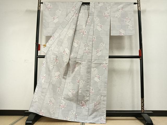 平和屋着物▽上質な紬 　単衣　 亀甲花文　正絹　逸品　未使用　AABD0024fy_2