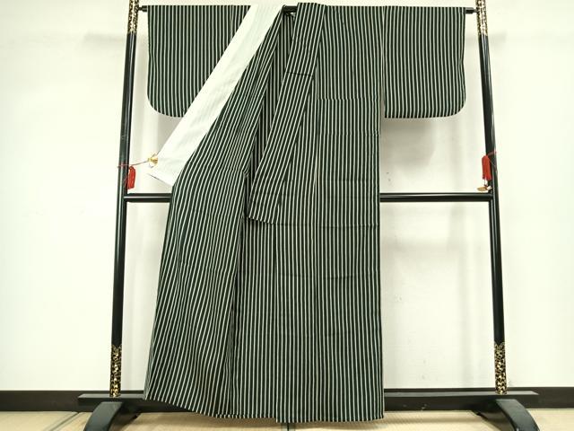 平和屋着物▽お召　単衣　縞　銀通し地　正絹　逸品　AABD0043fy_2
