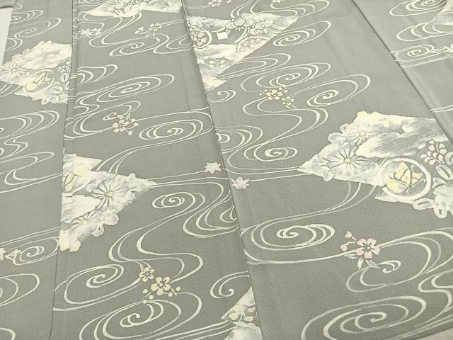 平和屋着物▽上質な小紋　単衣　流水花文　ろうけつ染め　ロング丈　正絹　逸品　AABD0048fy 平和屋着物▽上質な小紋 単衣 型染め 風景花文 鬼しぼ縮緬 やまと誂製