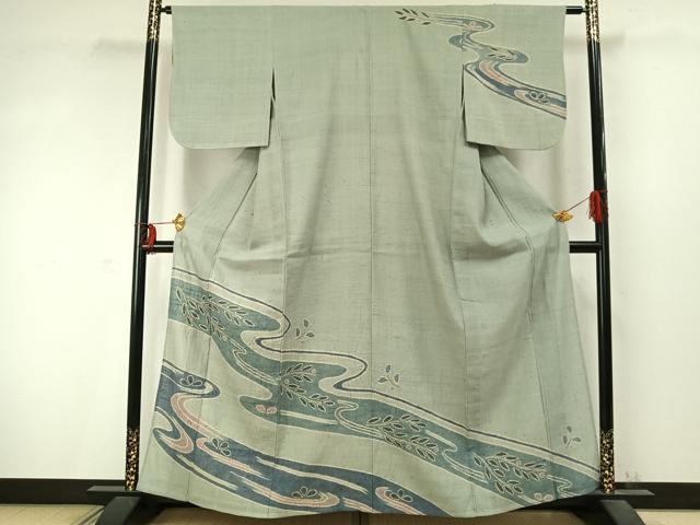 平和屋着物▽訪問着　単衣　生紬地　流水舞葉文　大丸扱い　正絹　逸品　AABD0102fy